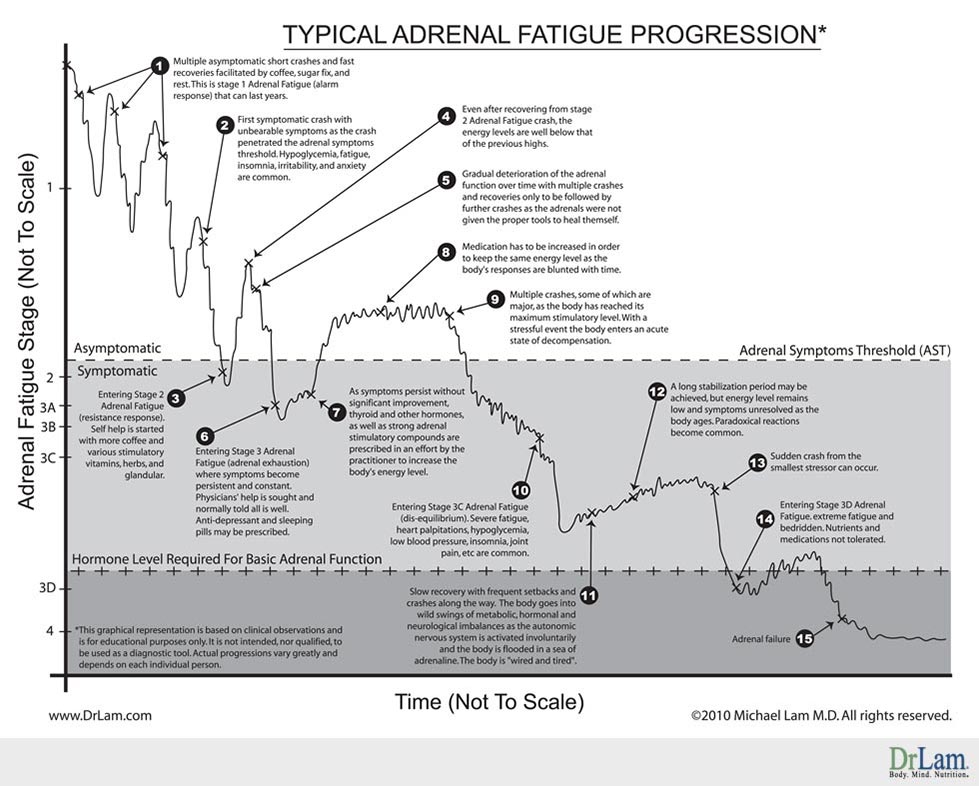 A graph showing the progression of adrenal fatigue crash in a typical fashion