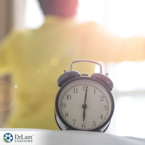 An image of a person waking up with a clock